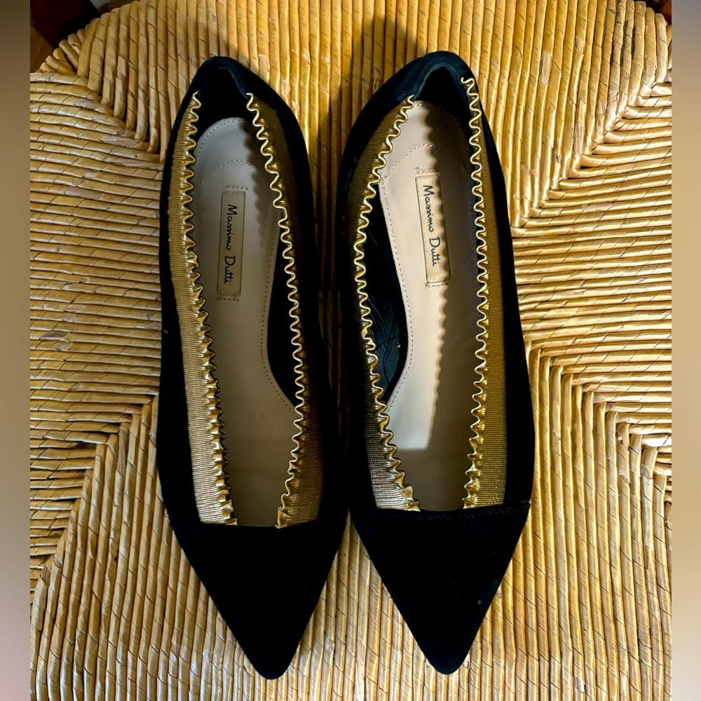 Massimo Dutti POINTED BALLET FLATS WITH GOLD METALLIC GATHERED DETAIL